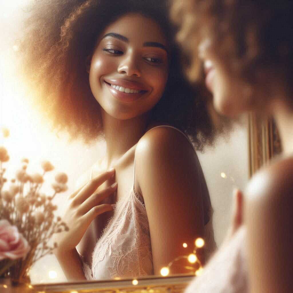 Se parler avec bienveillance pour mieux s’aimer Femme souriante devant un miroir, illustrant l’auto-bienveillance