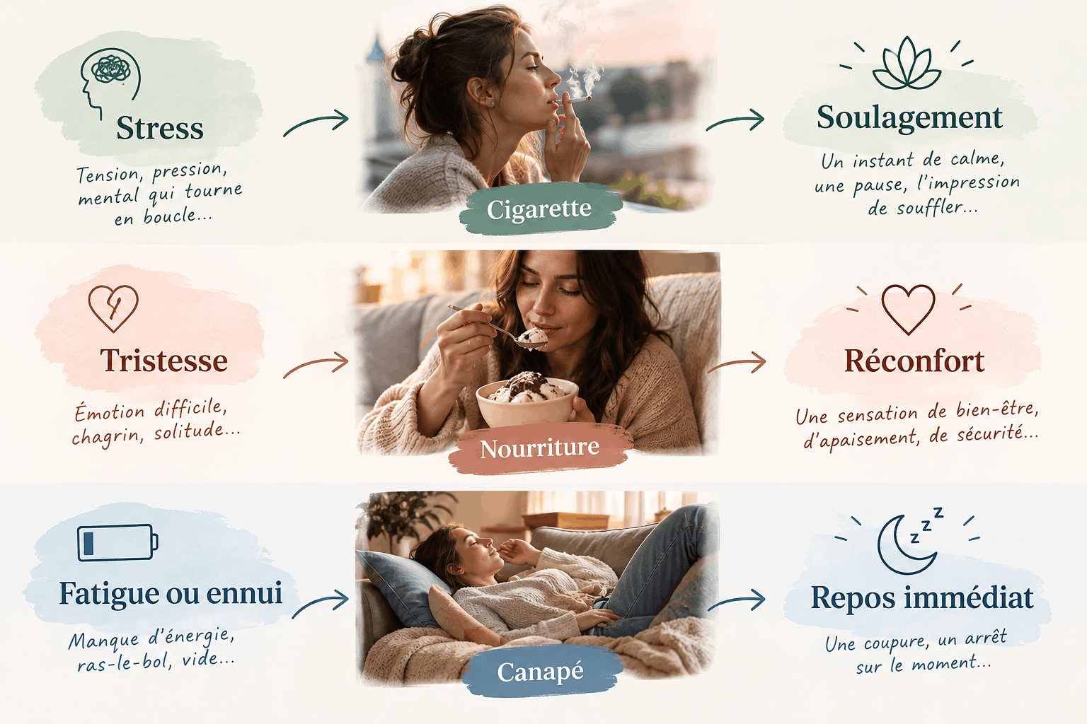 Infographie illustrant le lien entre stress, cigarette, tristesse, nourriture, fatigue, canapé et les mécanismes de soulagement ou de réconfort associés.