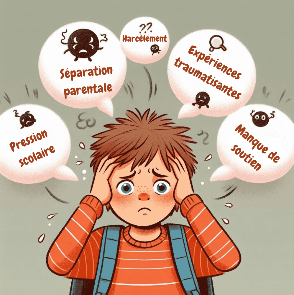 Comprendre les causes du refus scolaire llustration d’un enfant stressé avec des bulles représentant les différentes causes de son anxiété : harcèlement, pression scolaire, séparation parentale.