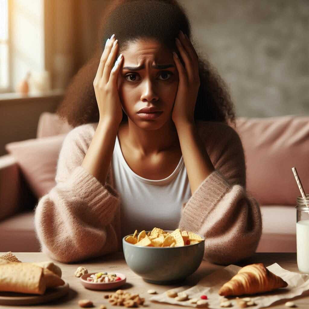 Manger ses émotions : comprendre les compulsions alimentaires Femme stressée mangeant sans faim, représentant le lien entre émotions et alimentation compulsive