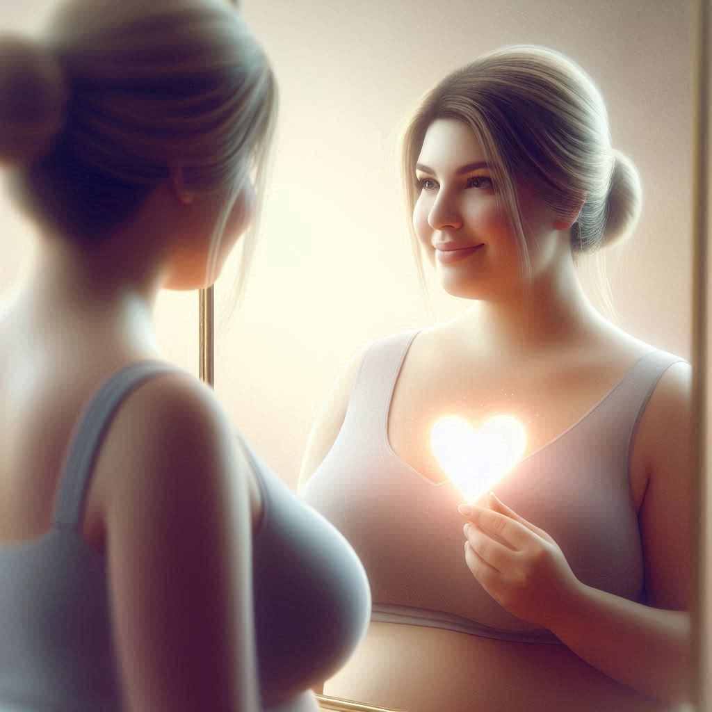 Se réconcilier avec son corps grâce à l’hypnose Femme qui se regarde dans un miroir avec bienveillance, image du changement de regard sur son corps après un accompagnement thérapeutique