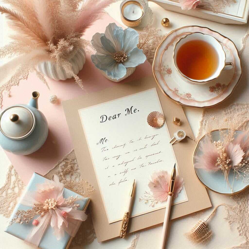 Écrire une lettre d'amour à soi-même : un beau rituel de soins personnels Une lettre magnifiquement manuscrite sur un bureau confortable, symbolisant l'amour-propre et l'introspection.