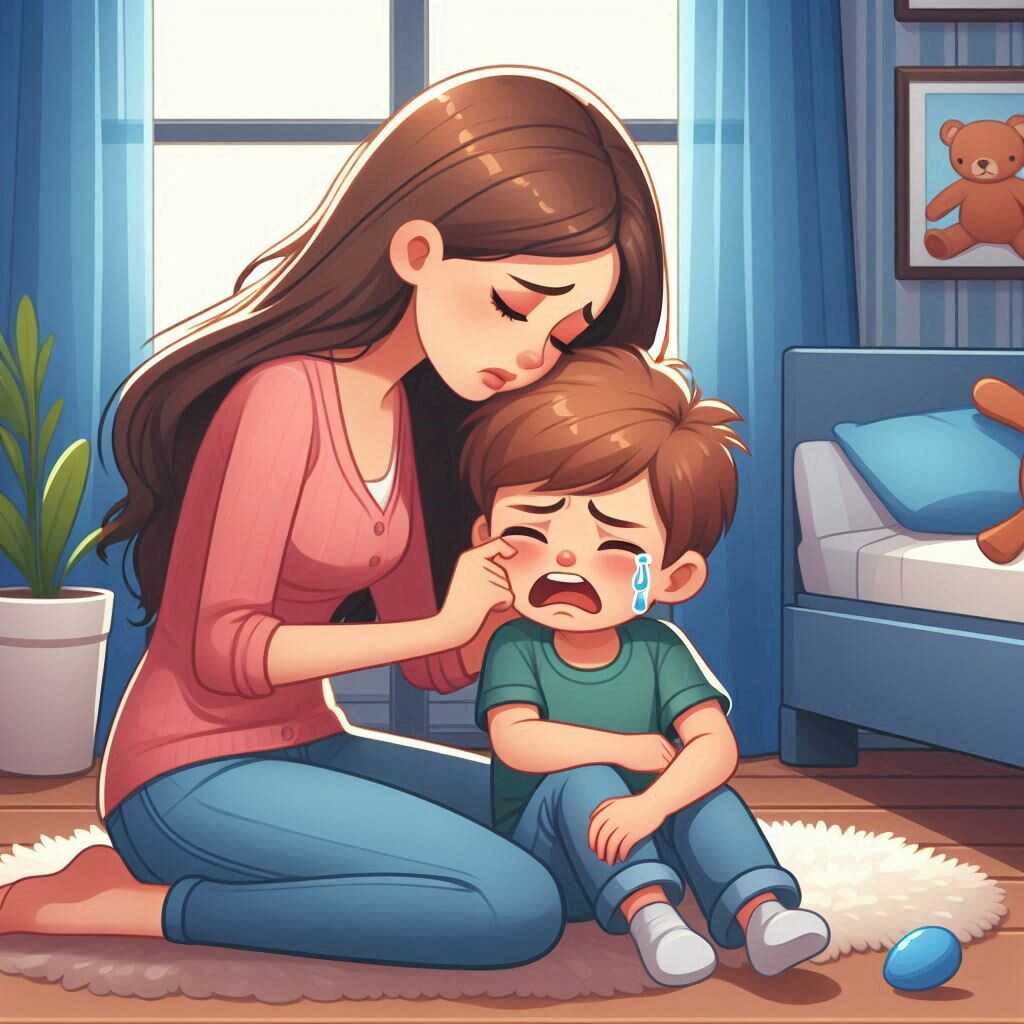 Un parent rassurant son enfant en détresse Une mère apaisant son fils en pleurs à la maison, illustrant l'importance de l'écoute et du soutien parental.