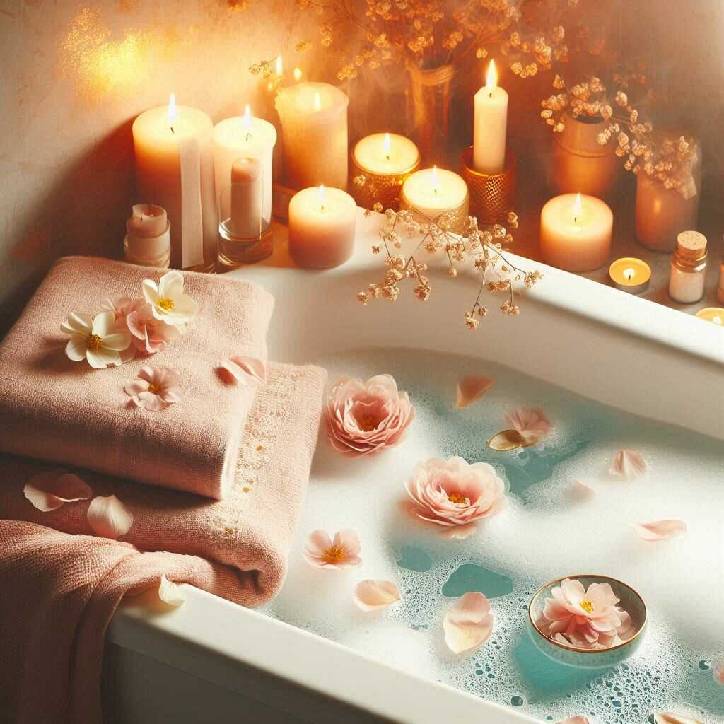 L’art de prendre soin de soi au quotidien Bain relaxant avec bougies, représentant le bien-être et l’amour de soi