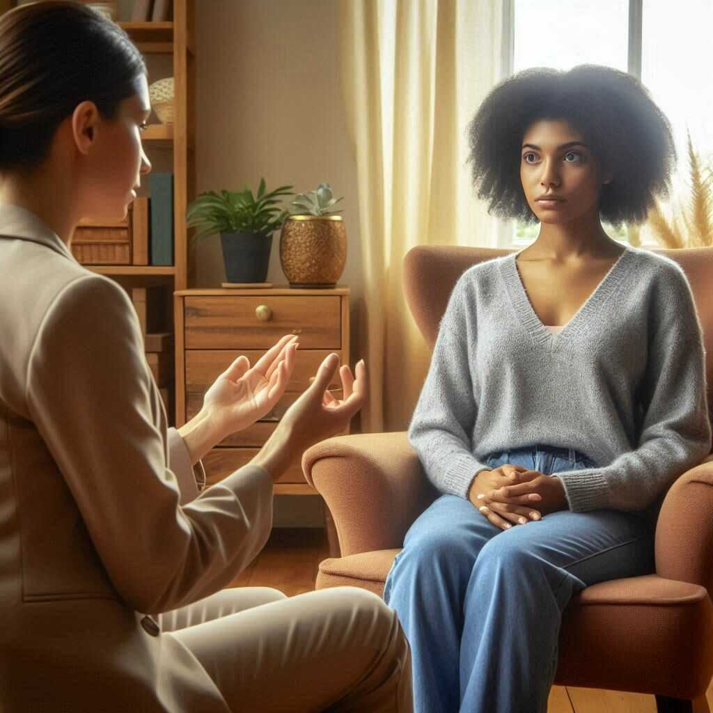 L'hypnose thérapeutique : Un outil puissant pour la transformation intérieure Praticien en hypnose guidant un client en état de relaxation profonde, utilisant des techniques d'hypnose pour libérer des blocages émotionnels.