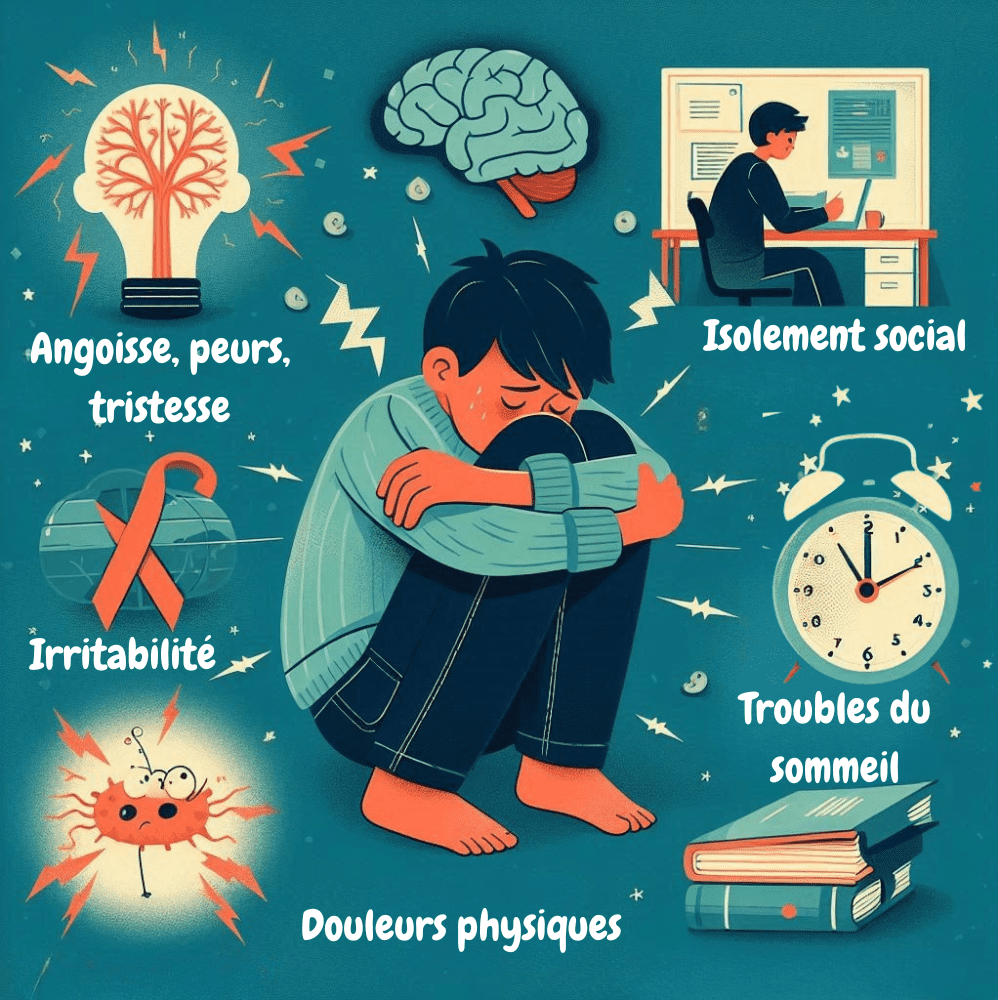 Les signes du refus scolaire anxieux Infographie présentant les symptômes du refus scolaire anxieux : crises d’angoisse, troubles du sommeil, douleurs physiques inexpliquées.