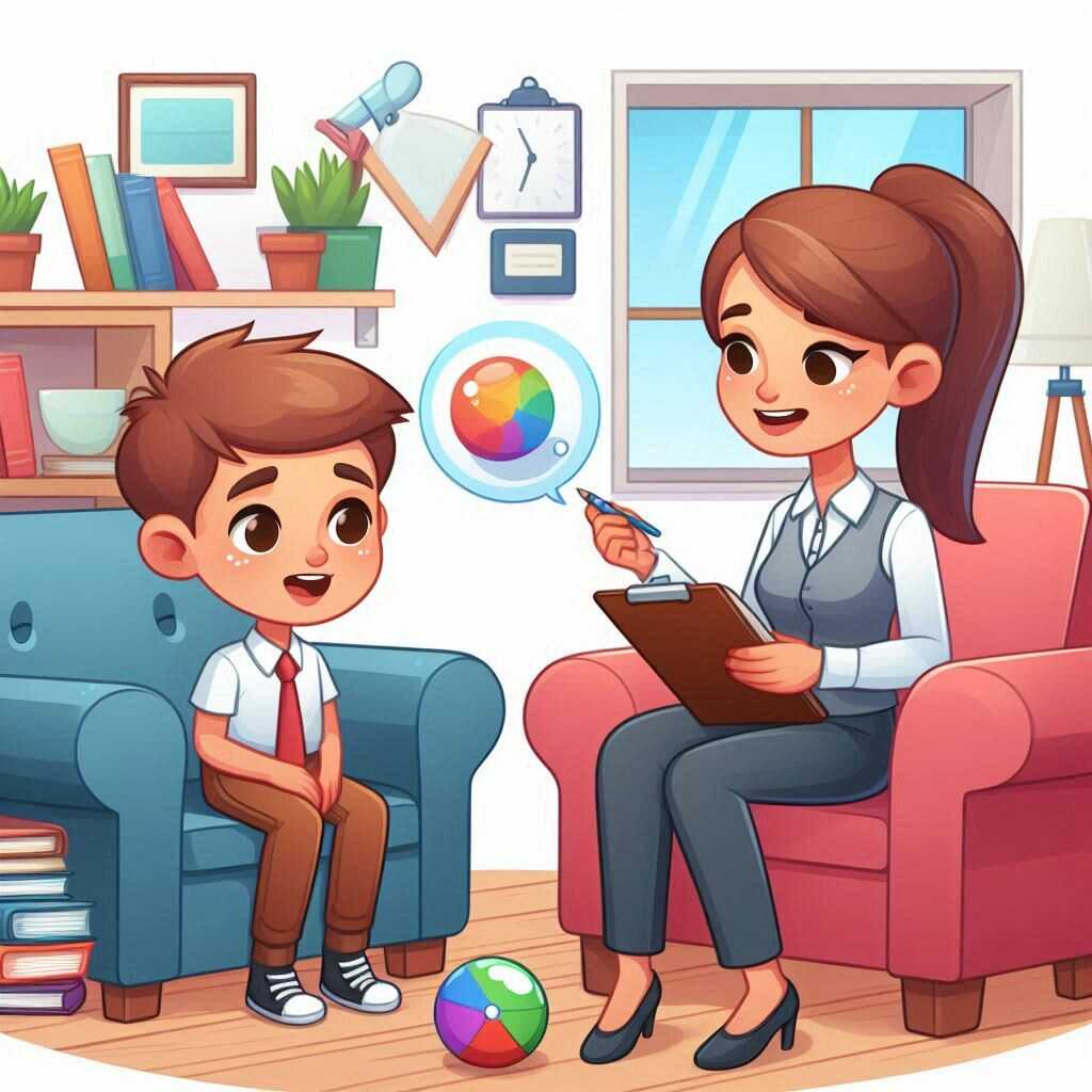 L'hypnose et la PNL pour apaiser l’anxiété scolaire Un thérapeute en séance avec un enfant, discutant des méthodes pour surmonter l’anxiété scolaire.