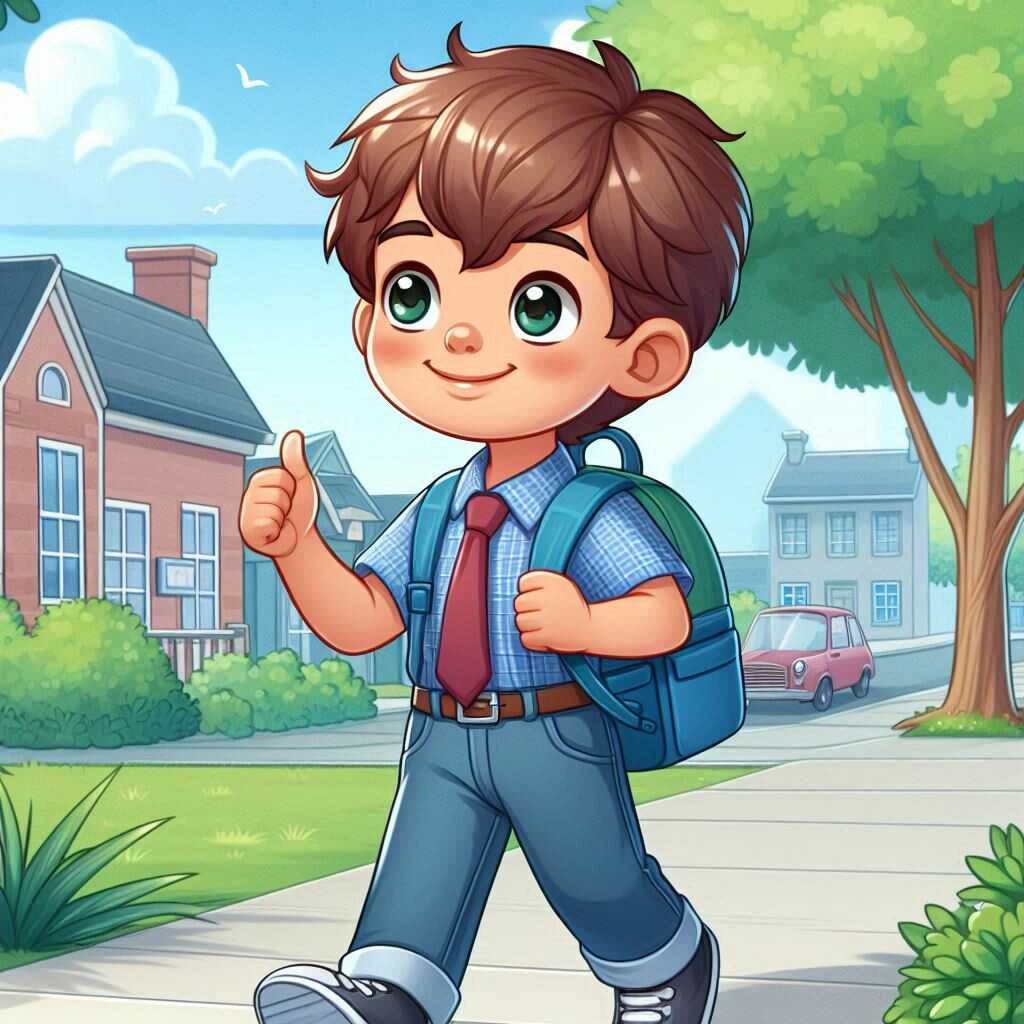 Un retour serein à l’école Un enfant souriant avec son cartable, marchant avec confiance vers l’école, illustrant une réintégration réussie après un accompagnement adapté.