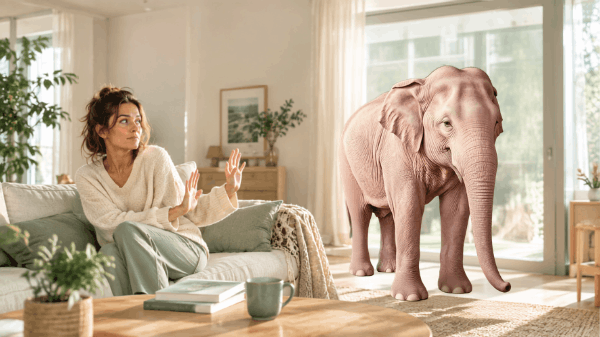 Éléphant rose devant une femme qui tente de détourner son regard, illustrant le paradoxe de l'attention.