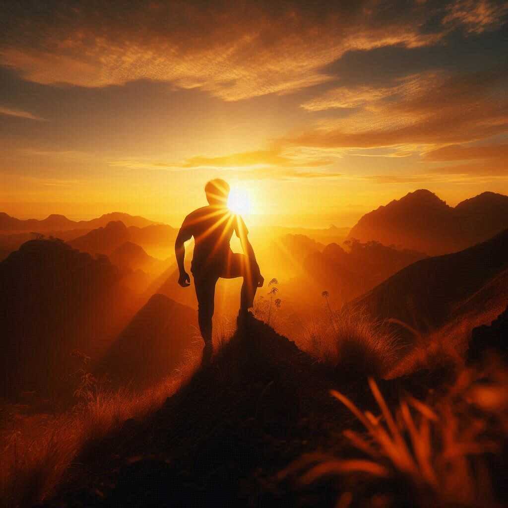 Rebondir après les épreuves : le pouvoir de la résilience Personne en train de grimper une colline au soleil couchant, image symbolique de la résilience