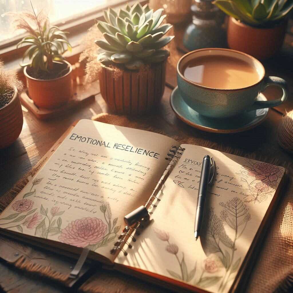 Exercice de journaling : un outil simple pour cultiver la résilience Carnet ouvert avec une écriture manuscrite, ambiance calme, tasse de thé à côté, lumière douce