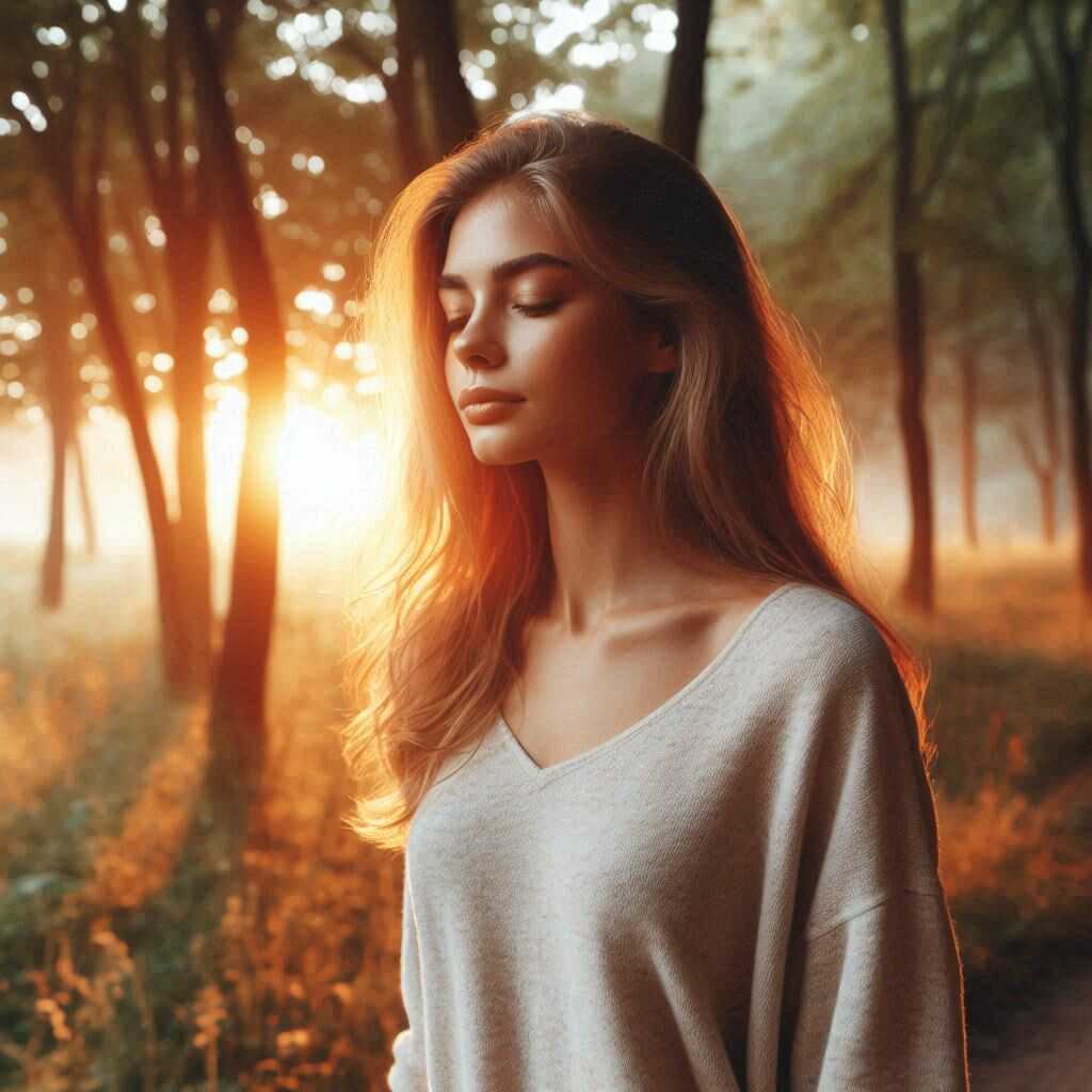 Comment retrouver la motivation intérieure pour avancer ? Personne marchant en forêt au lever du soleil, visage serein, symbole de reconnection à soi
