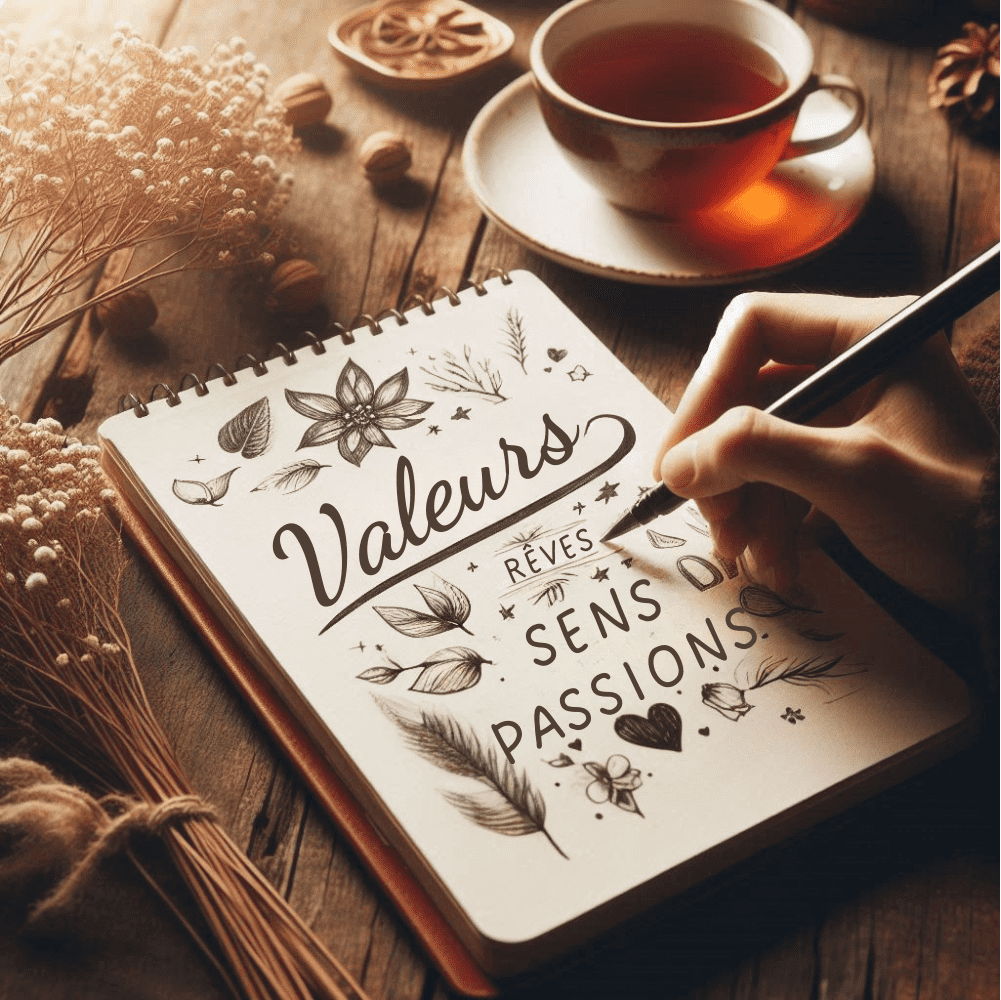 Reconnexion à ses valeurs : la clé d’une motivation durable Main qui tient un carnet avec des mots comme ‘valeurs’, ‘rêves’, ‘sens’, posé sur une table en bois