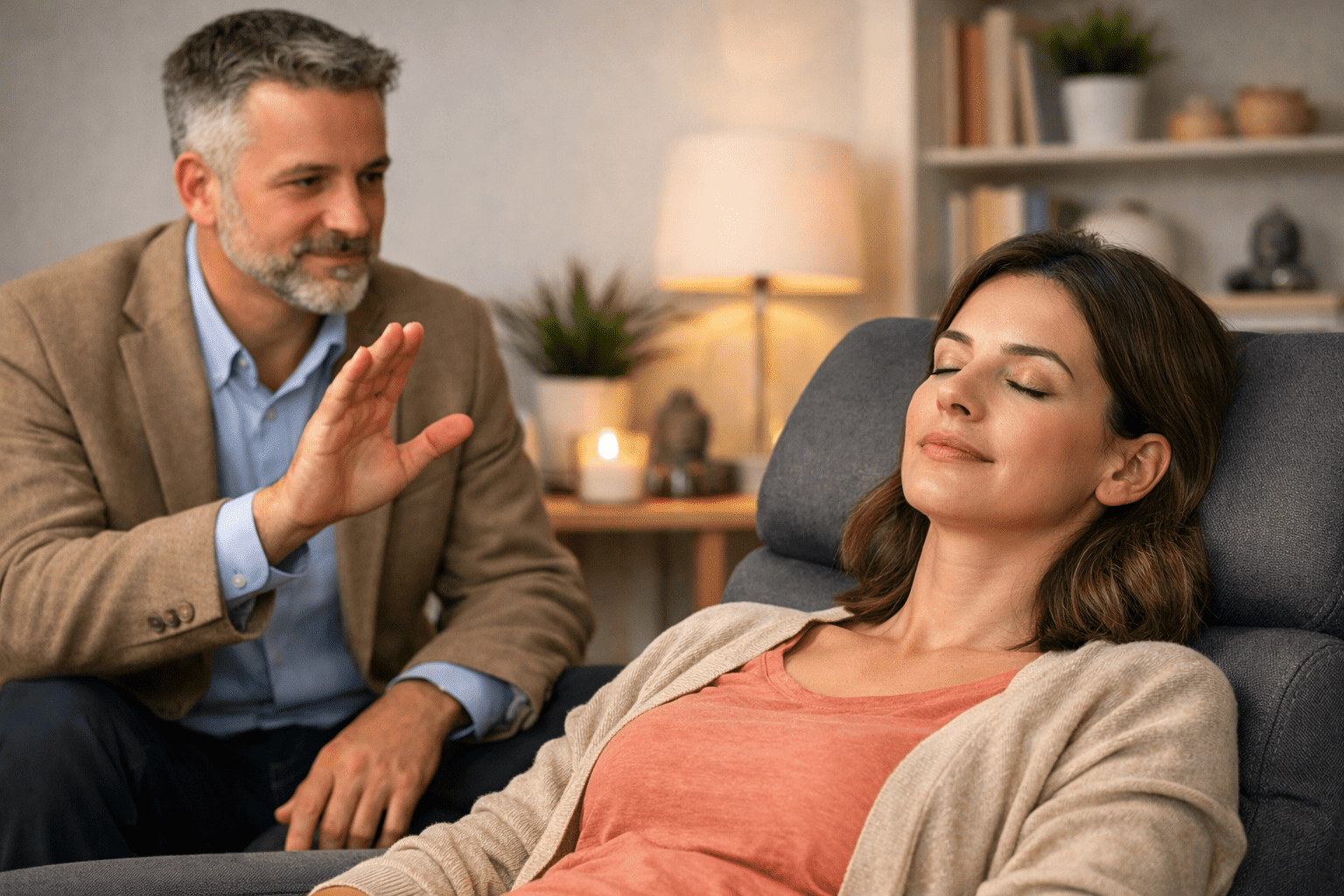 Séance d'hypnose d'arrêt du tabac dans un cabinet thérapeutique.