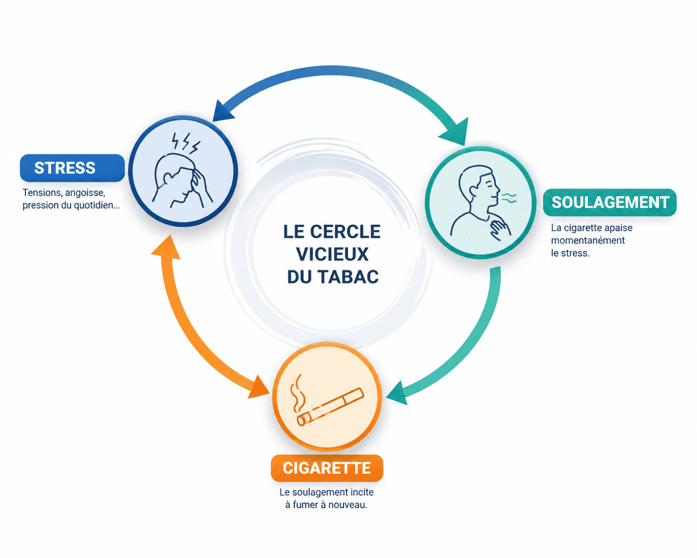 Schéma illustrant le lien entre stress, cigarette et soulagement temporaire dans la dépendance au tabac.