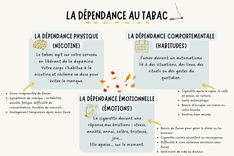Schéma expliquant les trois dimensions de la dépendance au tabac : dépendance physique à la nicotine, dépendance comportementale liée aux habitudes et dépendance émotionnelle, avec le rôle de l'hypnose dans l'accompagnement du sevrage tabagique.